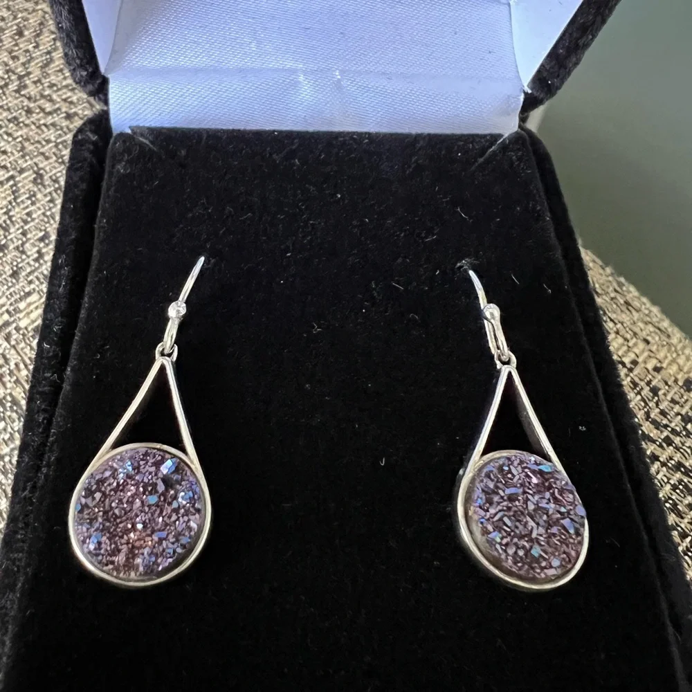 Iridescent black druzy earrings set in sterling silver